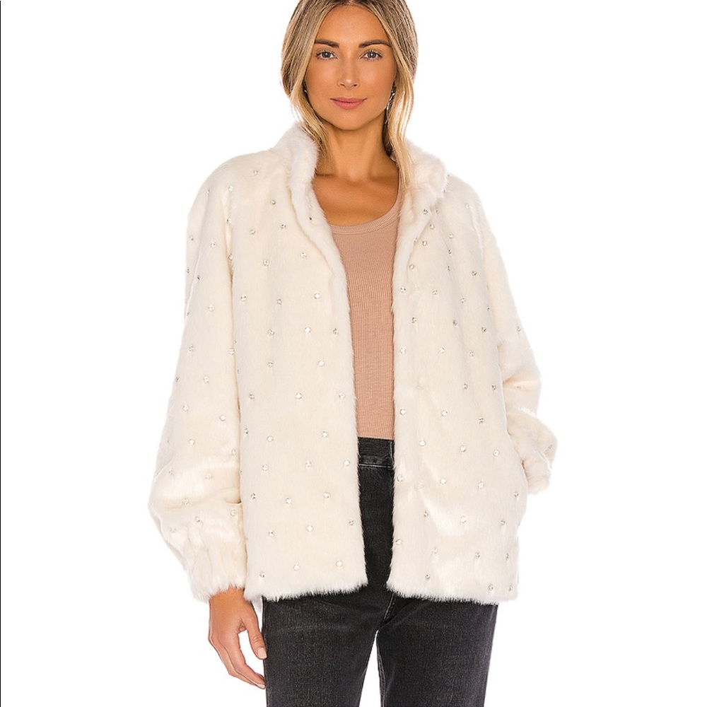 LPA White Furry Coat With Crystal Embellishments